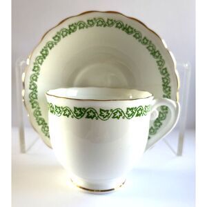 Vintage English Castle Bone China Teacup Saucer Green Vine Gold Trim England
